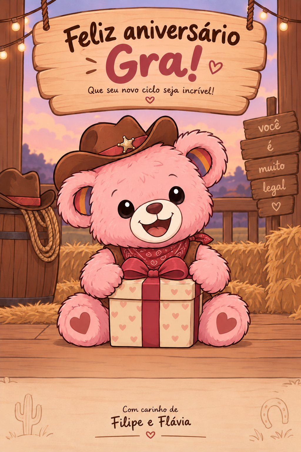 Cartão de aniversário country para Gra, com um ursinho rosa segurando um presente